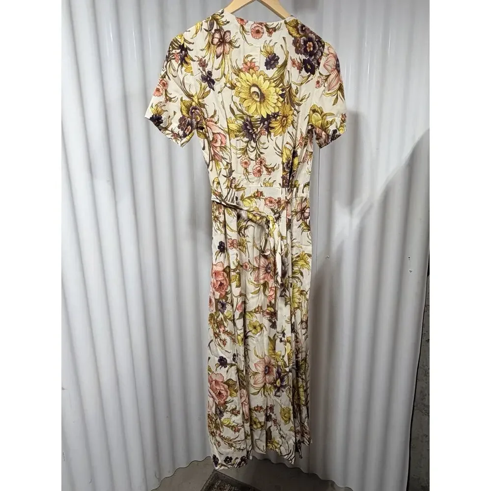 Anthropologie Floral V-Neck Wrap Maxi Dress Sz Sm Ivory Orange 30420T Spring